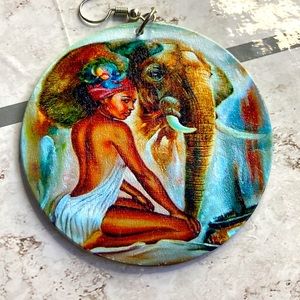 Blue painted wood earrings white